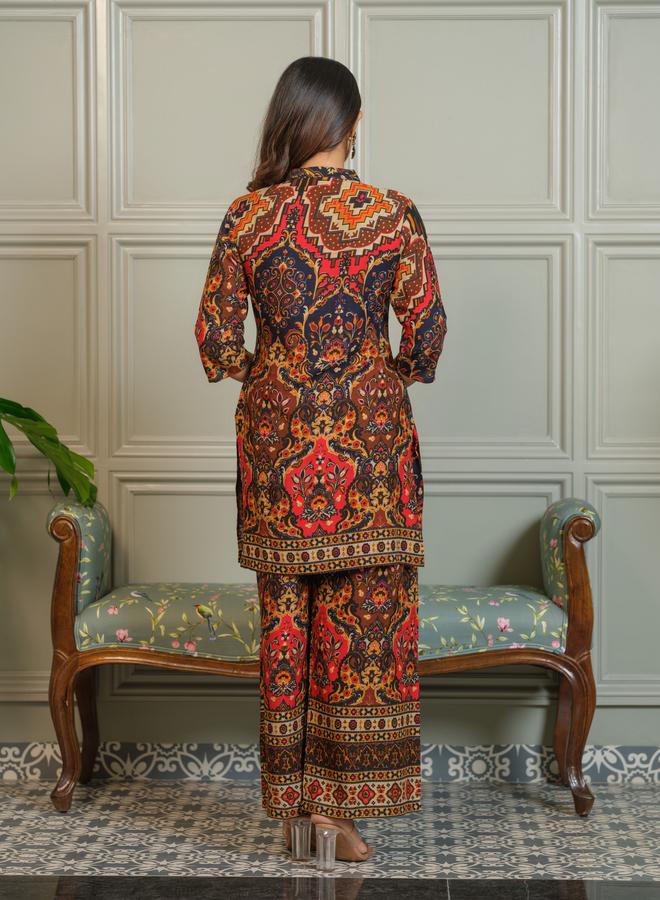 دي دبليو طقم منسق من بلوزة وبنطال بالازو بطبعة أجراك للنساء - Image 5